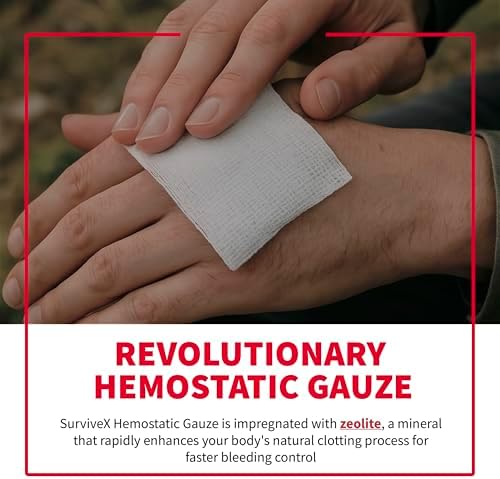 SurviveX medical clotting gauze showing the vacuum sealed twin pack for first aid.