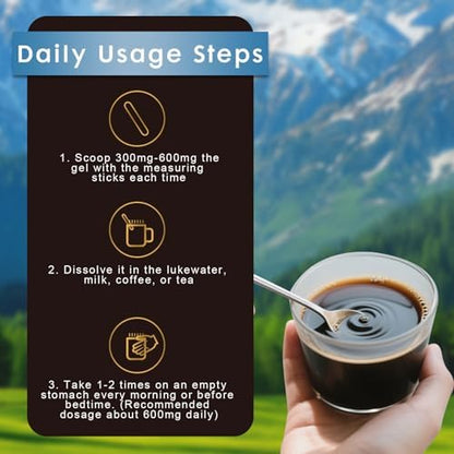 Shilajit resin with measuring spoon for precise 600mg daily supplement dosage