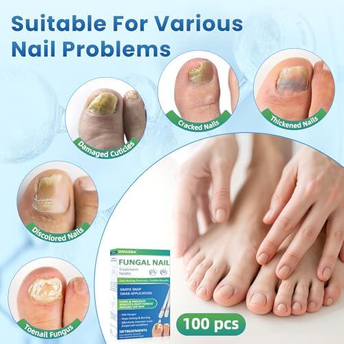 Individual snap swab applicator being applied to a discolored toenail for fungal treatment.