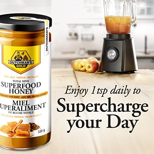 Side angle view of the 330 grams jar displaying the rich texture of unpasteurized bee product superfood.