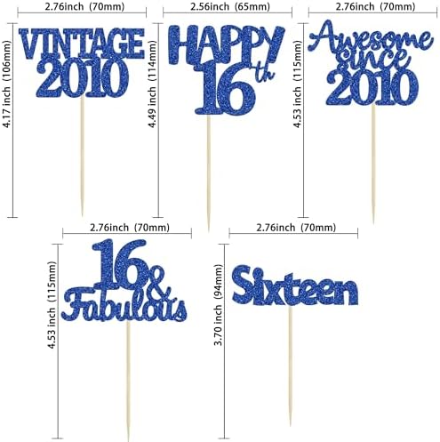 Blue glitter 16th birthday cupcake picks on dessert