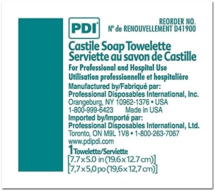 PDI Healthcare Castile Soap Towelette packet with coconut oil ingredients visible.