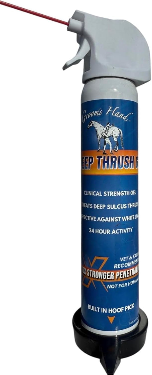 Grooms Hand Deep Thrush Gel front view packaging with built-in hoof pick for equine horse hoof care.