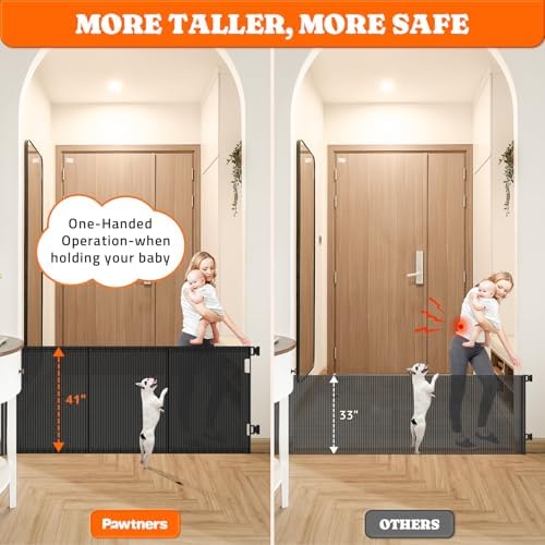 Pawtners extra tall dog gate close up showing the top press and turn double locking handle mechanism
