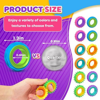 Assorted vibrant colored sensory finger rings spread out