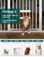 Babelio pressure mounted pet gate showing the adjustable sliding cat flap mechanism open