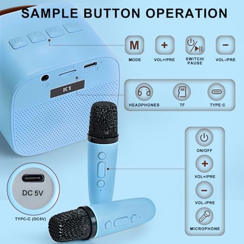 Rechargeable kids karaoke machine illustrating the color changing RGB light display during operation.