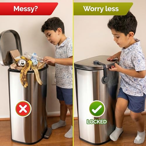 Wappa Baby child and pet proof safety latch installed on a stainless steel dustbin