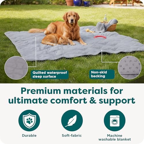 Large rectangular quilted gray mattress protector for dogs and cats.