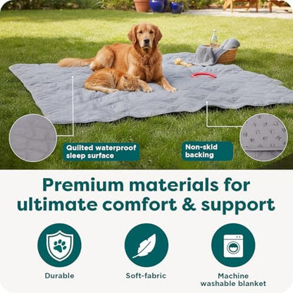 Large rectangular quilted gray mattress protector for dogs and cats.