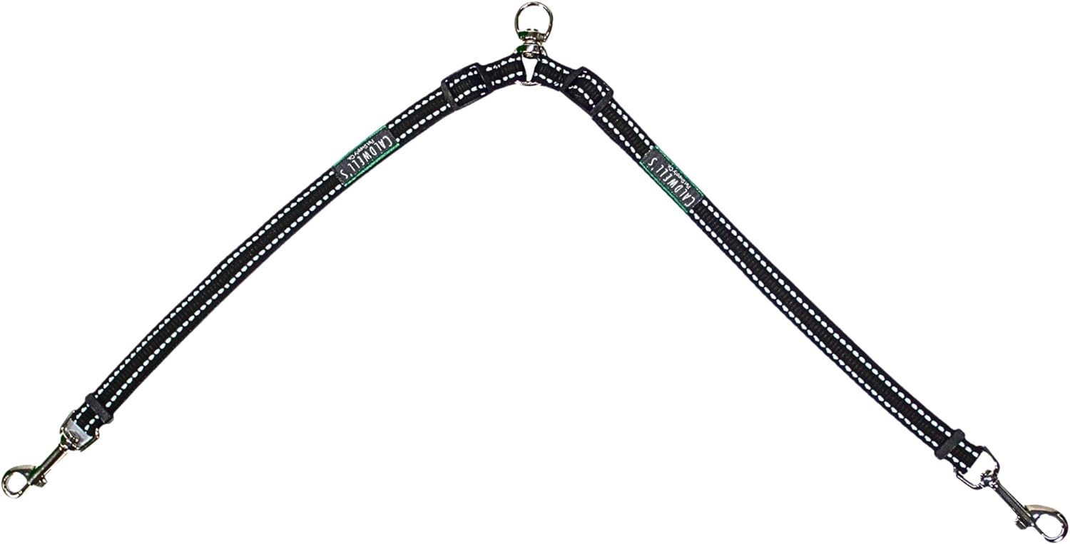 Caldwell's Pet Supply Co. black reflective twin dog splitter accessory package view.