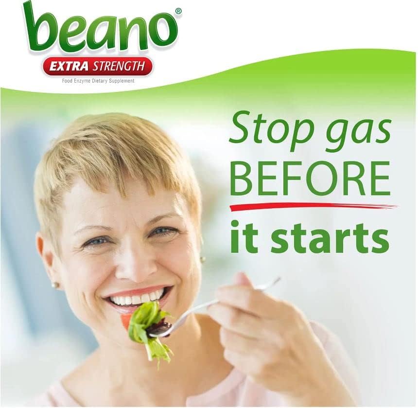 Side view of Beano food enzyme dietary supplement packaging highlighting adult dosage instructions