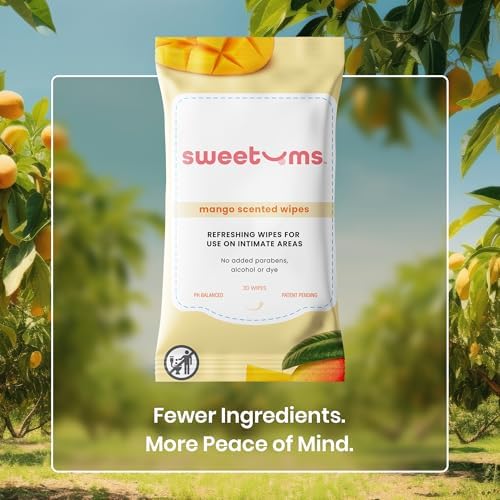 Sweetums water based vegan intimate wipes displayed with tropical mango accents.