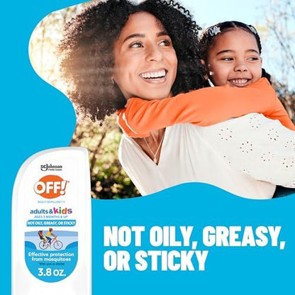 OFF! family insect repellent lotion bottle displayed on an outdoor wooden table during a sunny day.