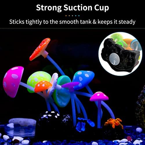Aquarium landscape setup featuring the imported Uniclife fluorescent mushroom plant swaying naturally next to swimming fish.