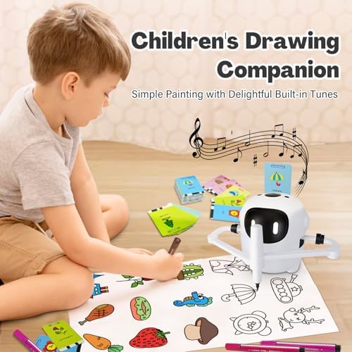 A child using the RIVGOT interactive robotic sketch artist with colorful markers and step instructions.