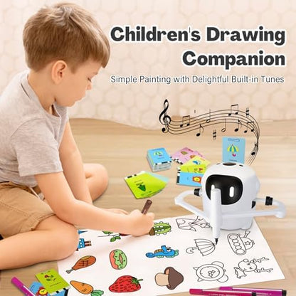A child using the RIVGOT interactive robotic sketch artist with colorful markers and step instructions.
