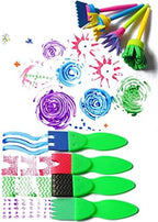 Close-up view of the four flower stamp brushes and foam rollers included in the children's creative art kit.