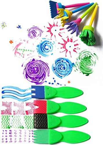 Close-up view of the four flower stamp brushes and foam rollers included in the children's creative art kit.