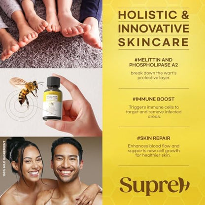 SupreH wart liquid packaging showing salicylic acid and bee venom ingredients list.