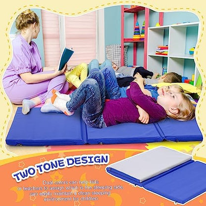 Wesiti 1 inch thick toddler nap mat unfolded on the floor highlighting cushioned foam comfort.