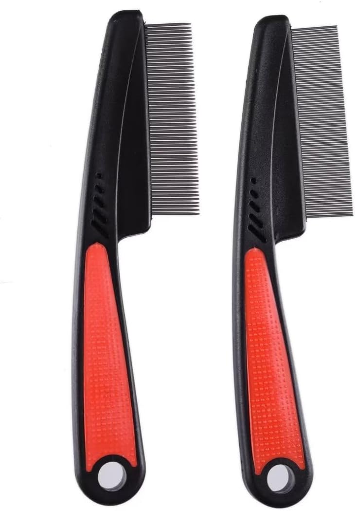 2 Pieces Fine Tooth and Wide Tooth Dog Grooming Comb - Rubber Handle Hair Comb for Small Dogs & Cats with Flea and Tick Removal (2PCS, Black Red) - Image 2