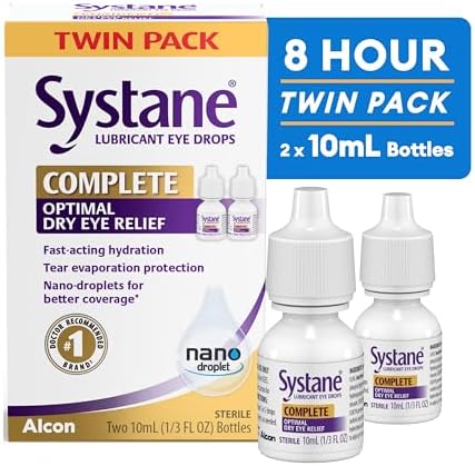 Systane Complete 10ml double pack packaging showing nano-droplet technology benefits.