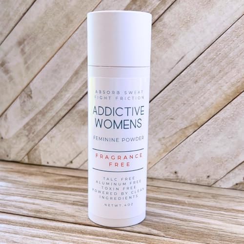 Close up of Addictive Cosmetics fragrance free powder bottle label.