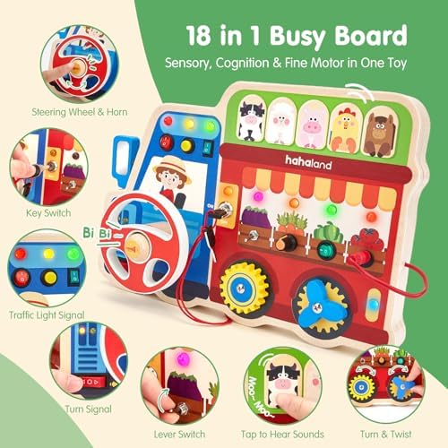 Hahaland wooden activity board with glowing LED lights and interactive switches