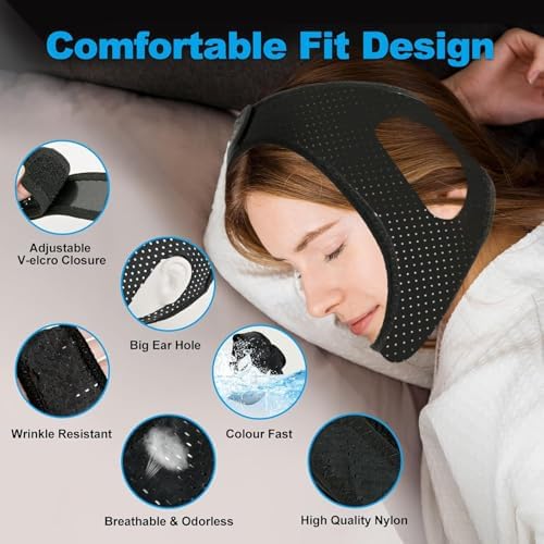 Close-up of the breathable neoprene material and velcro fasteners on the snoring strap.