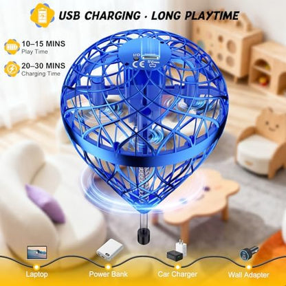 Close up of the USB charging port and power switch on the Flystars flying orb drone