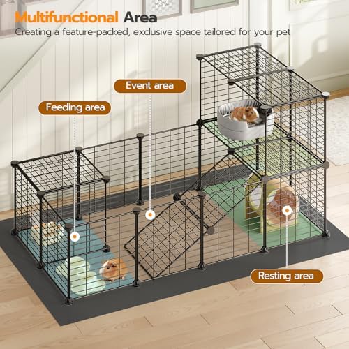 HOOBRO 24 Panels Guinea Pig Cage with Waterproof Mat and Ramp, 57" x 31.5" x 23.6" Loft Design Small Animal Playpen, Rabbit Cage, Bunny Cage, Pet Playpen, Indoor Outdoor Yard Fence, Black BK03PP03 - Image 3