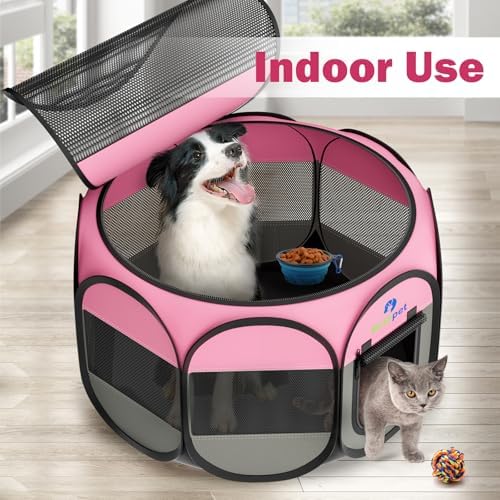Playpen for Small Dogs Cats Crate: Puppy Play Pen Indoor Outdoor Foldable Potable Exercise Cage Pop up Kennel for Guinea Pig Rabbits Hamster Travel with Carrying Case & Food Bowl (Pink, M, 1) - Image 7