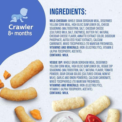Side view of Gerber Stage 3 mild cheddar infant snacks showing nutrition facts and clean label certification seals