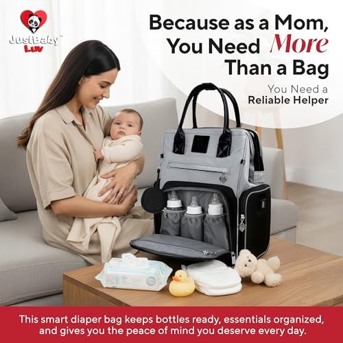 JustBaby Luv smart backpack worn for travel and daily parenting