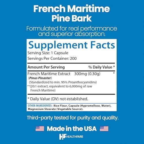 Supplement facts panel for French maritime pine bark capsules displaying ingredients list