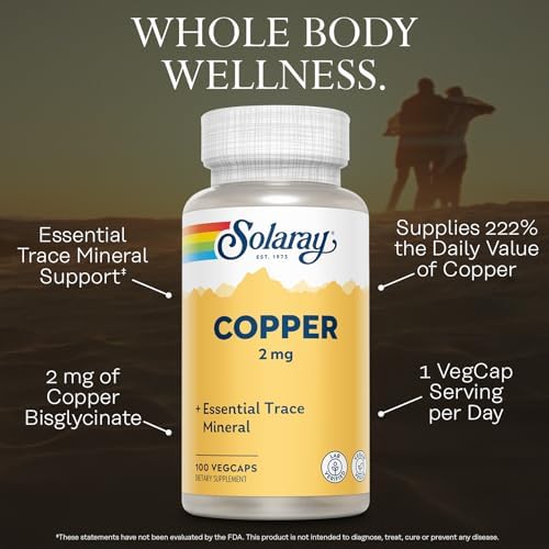 Solaray Chelated Copper 2 mg supplement bottle displaying supplement facts, vegan certification, and daily usage guidelines.