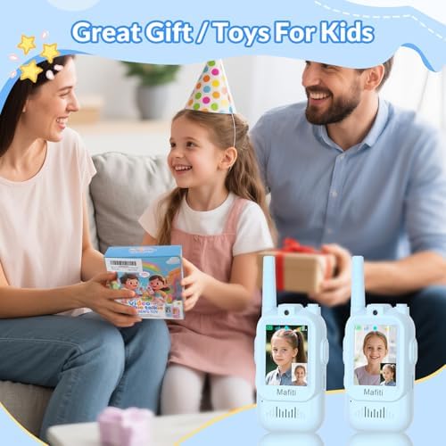Full retail packaging presentation of the Mafiti blue video walkie talkies birthday gift set.