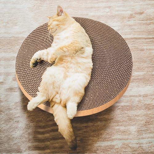 THAMIAO round cardboard refill insert placed flat on the floor for indoor cat claw grooming.