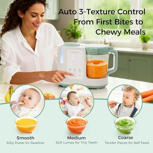 Momcozy baby meal prep device showing self cleaning function