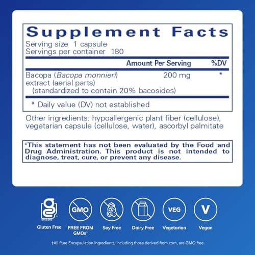 Pure Encapsulations Bacopa Monnieri vegetarian capsules side view highlighting hypoallergenic and non GMO certifications.