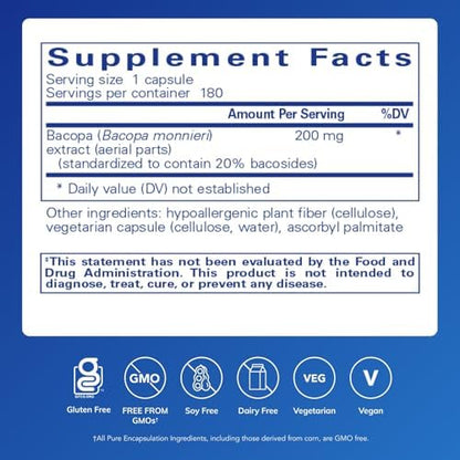 Pure Encapsulations Bacopa Monnieri vegetarian capsules side view highlighting hypoallergenic and non GMO certifications.