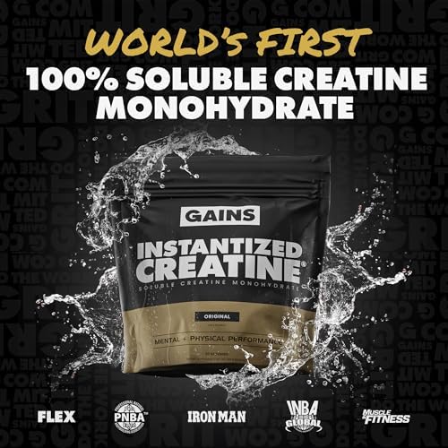 Gains in Bulk Instantized Creatine unflavored powder texture and soluble display