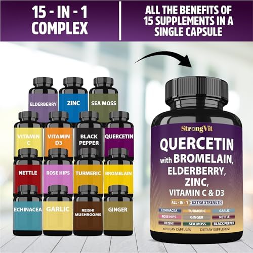 StrongVit Quercetin 120 vegan capsules bottle in studio setting