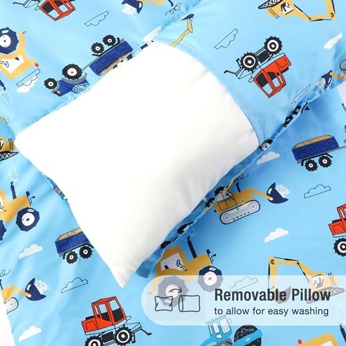 Close up view of the removable pillow being detached from the preschool bedding pad.