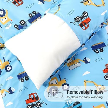 Close up view of the removable pillow being detached from the preschool bedding pad.