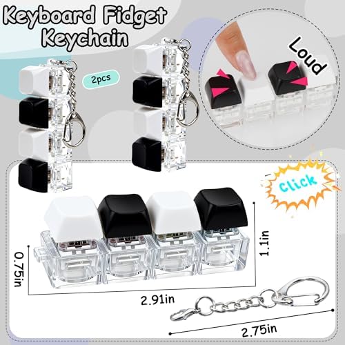 Two-pack mechanical key clicker keychains hanging securely from a dark gray canvas everyday backpack.