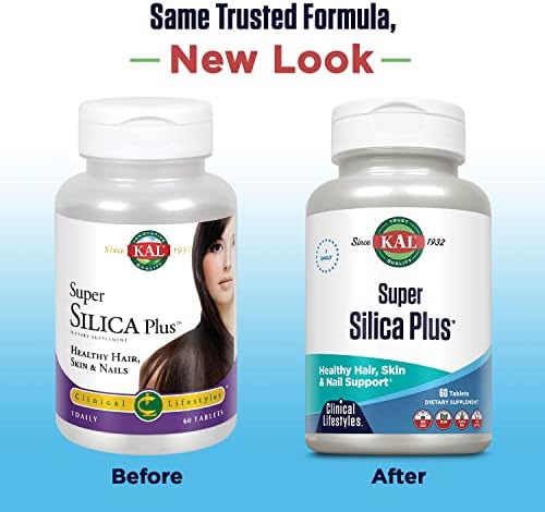 Side view of KAL Super Silica Plus bottle detailing supplement facts and premium ingredients like biotin and MSM.