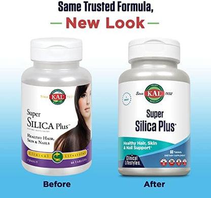 Side view of KAL Super Silica Plus bottle detailing supplement facts and premium ingredients like biotin and MSM.