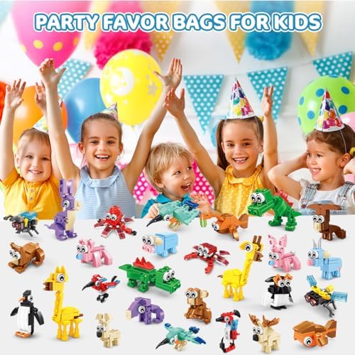 Individually wrapped mini animal building block kits with separate instruction sheets displayed together.